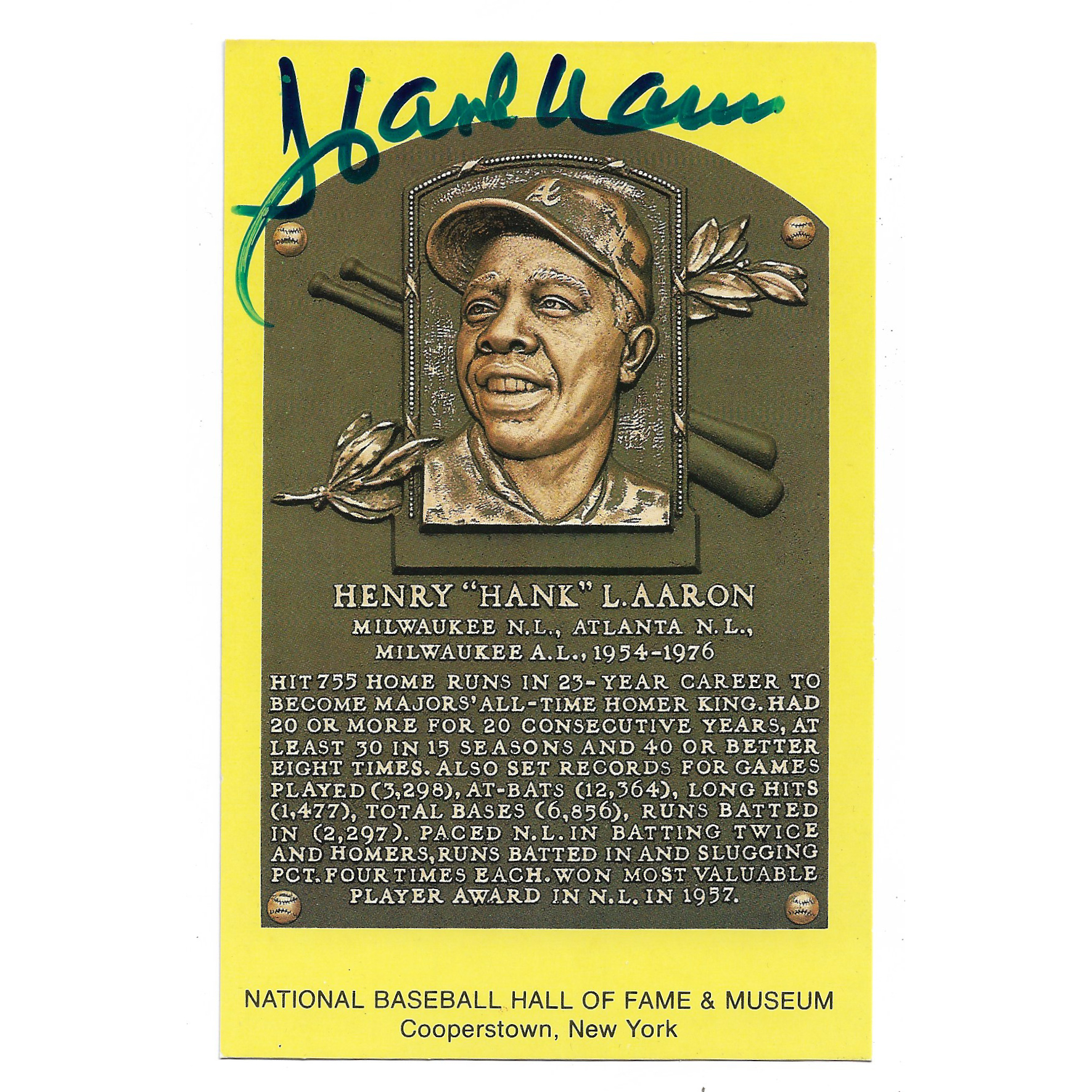 Hank Aaron Autographed Hall of Fame Plaque Postcard (JSA-62)
