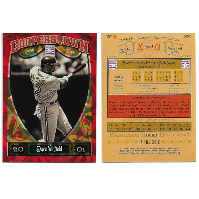 Dave Winfield 2013 Panini Cooperstown Red Crystal Collection # 98 Baseball Card Ltd Ed of 399 Dave Winfield 2013 Panini Cooperstown Red Crystal Collection # 98 Baseball Card Ltd Ed of 399