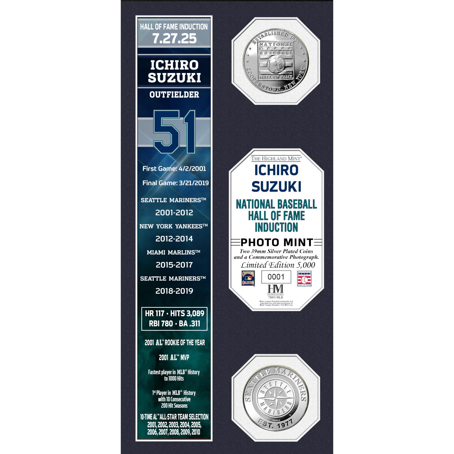 Ichiro Suzuki Class of 2025 Hall of Fame Induction 2 Silver Coin