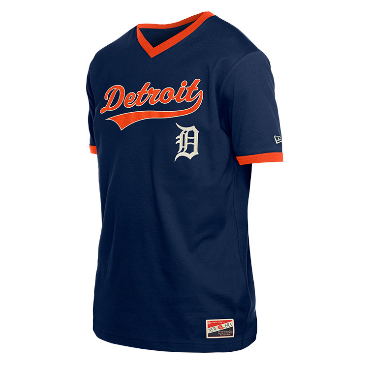 Men’s New Era Detroit Tigers Navy Script Logo V-Neck T-Shirt Men’s New Era Detroit Tigers Navy Script Logo V-Neck T-Shirt