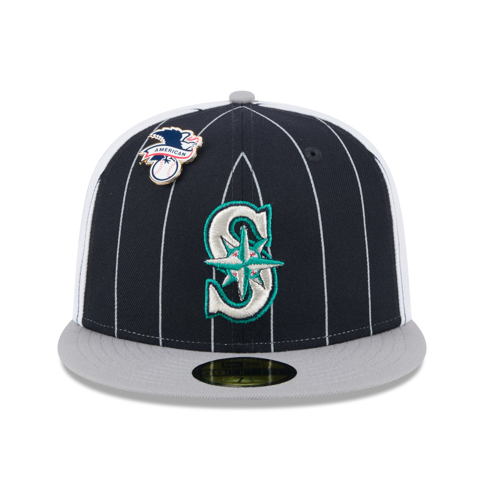 Men’s New Era Seattle Mariners Pinstripe Cooperstown 59FIFTY Cap with American League Pin