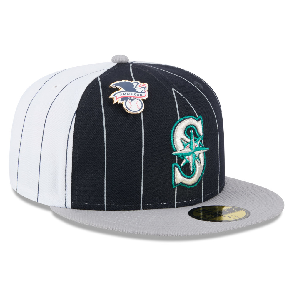Men’s New Era Seattle Mariners Pinstripe Cooperstown 59FIFTY Cap with American League Pin