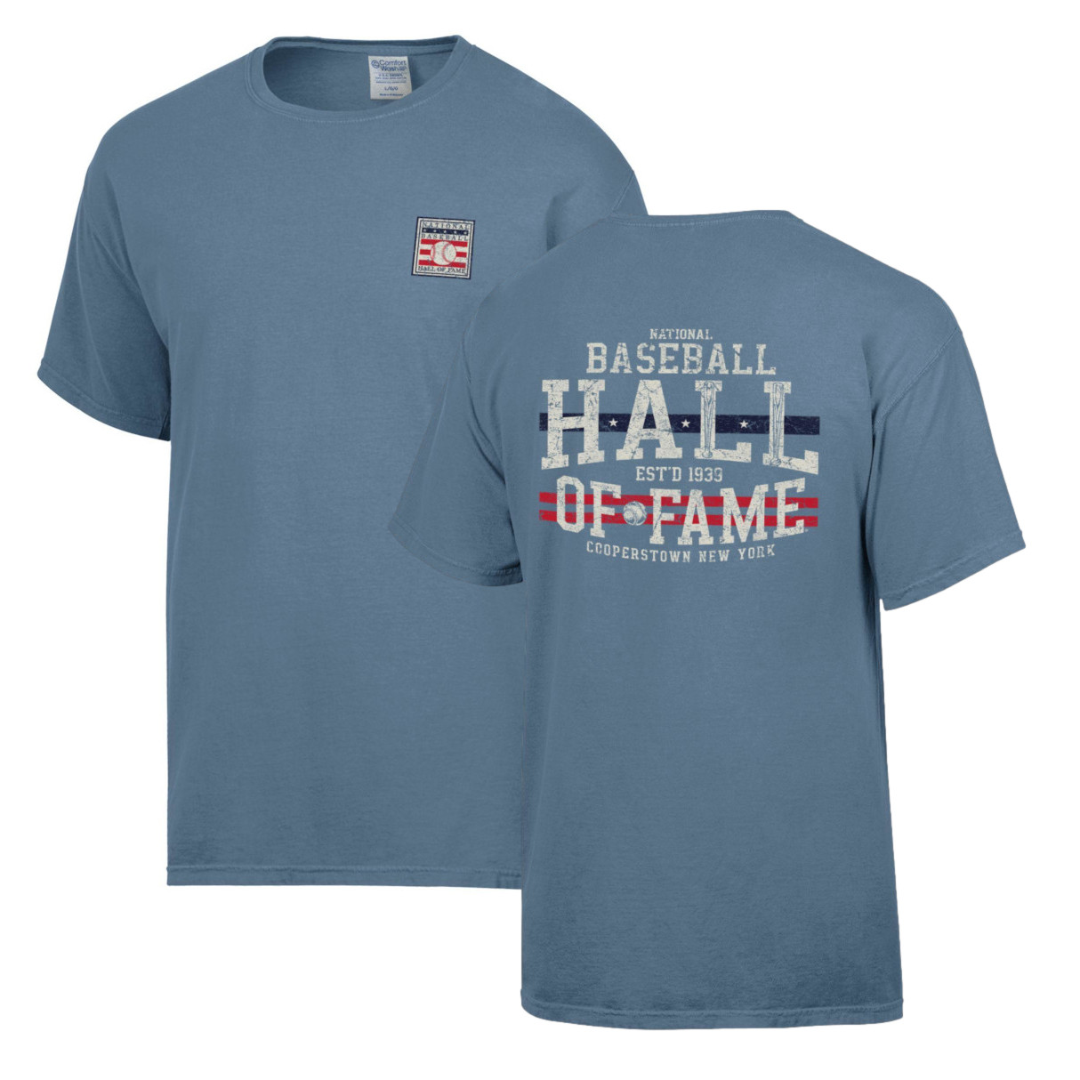 Men’s Baseball Hall of Fame Full Back Light Blue Vintage Dyed T-Shirt Men’s Baseball Hall of Fame Full Back Light Blue Vintage Dyed T-Shirt