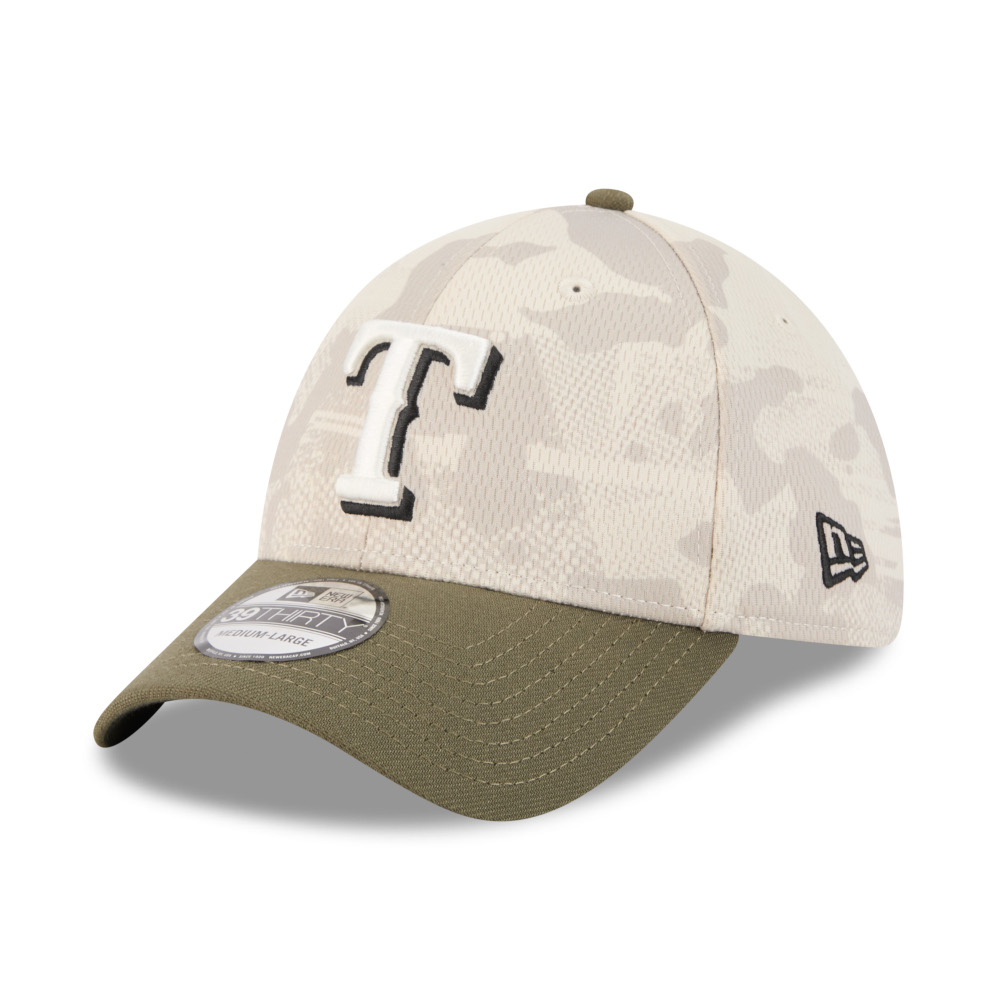 Men’s New Era Texas Rangers 2025 Armed Forces 39THIRTY Camo and Army Green Flex Fit Cap