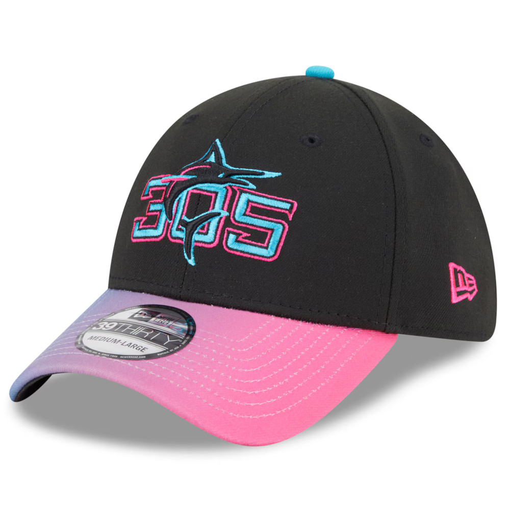 Men’s New Era Miami Marlins 2025 City Connect 39THIRTY Flex Fit Black and Pink Cap Men’s New Era Miami Marlins 2025 City Connect 39THIRTY Flex Fit Black and Pink Cap
