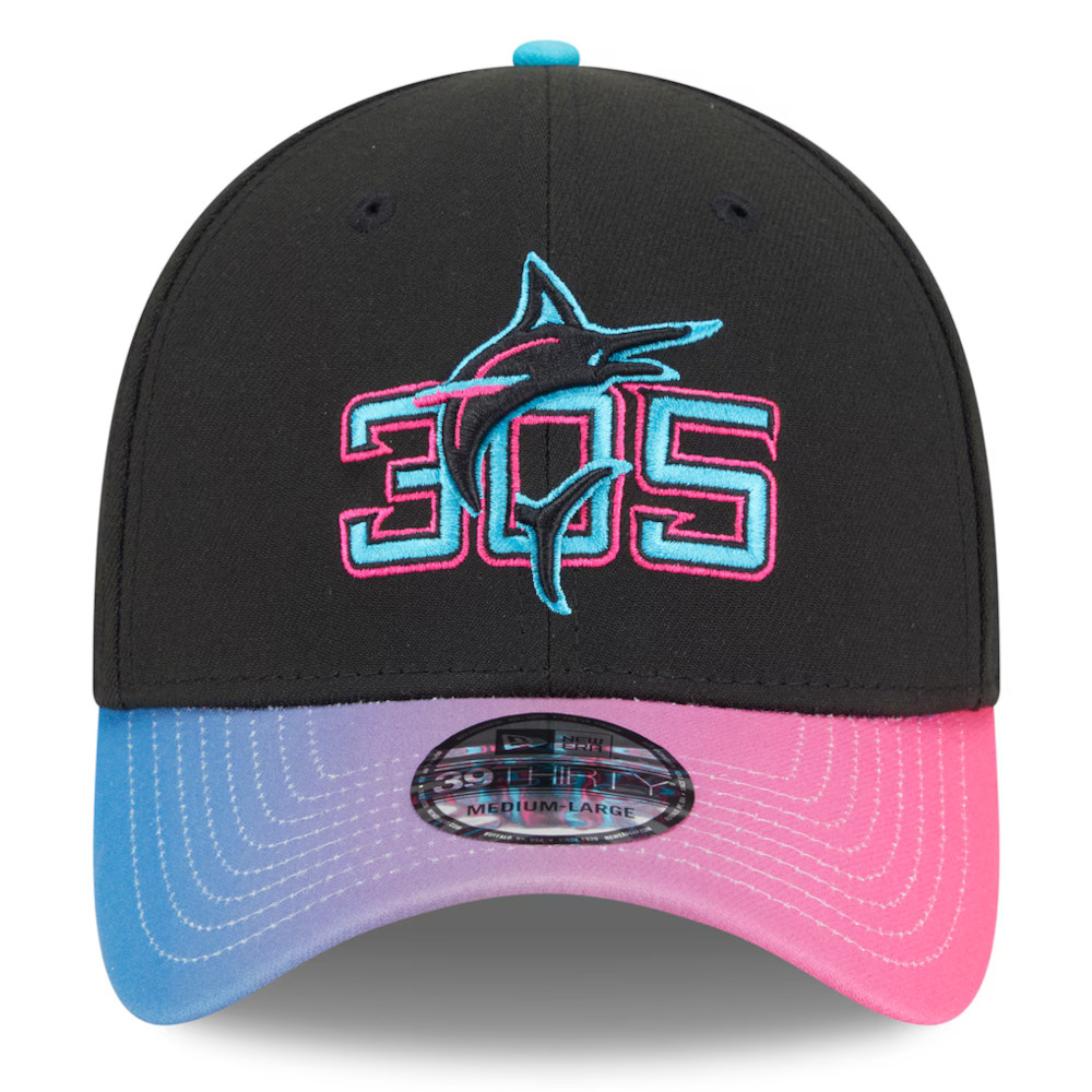 Men’s New Era Miami Marlins 2025 City Connect 39THIRTY Flex Fit Black and Pink Cap Men’s New Era Miami Marlins 2025 City Connect 39THIRTY Flex Fit Black and Pink Cap