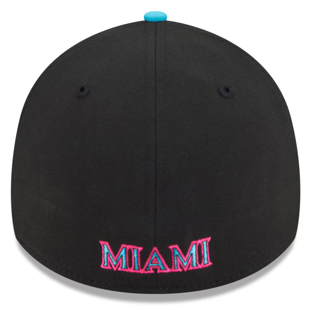 Men’s New Era Miami Marlins 2025 City Connect 39THIRTY Flex Fit Black and Pink Cap Men’s New Era Miami Marlins 2025 City Connect 39THIRTY Flex Fit Black and Pink Cap
