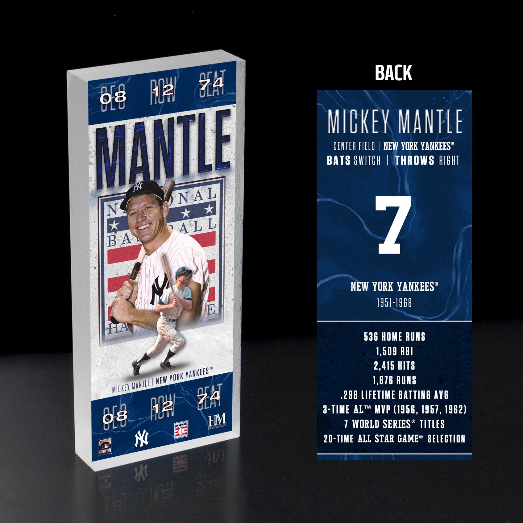 Mickey Mantle New York Yankees 1974 Hall of Fame Induction 3D Acrylic Ticket Block