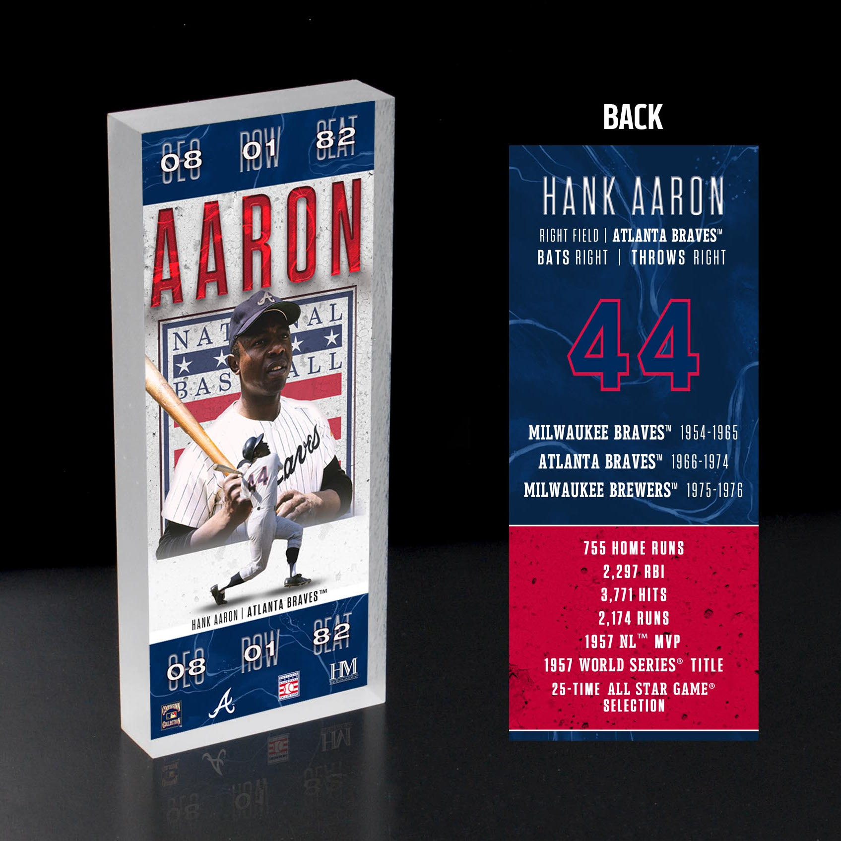 Hank Aaron Atlanta Braves 1982 Hall of Fame Induction 3D Acrylic Ticket Block