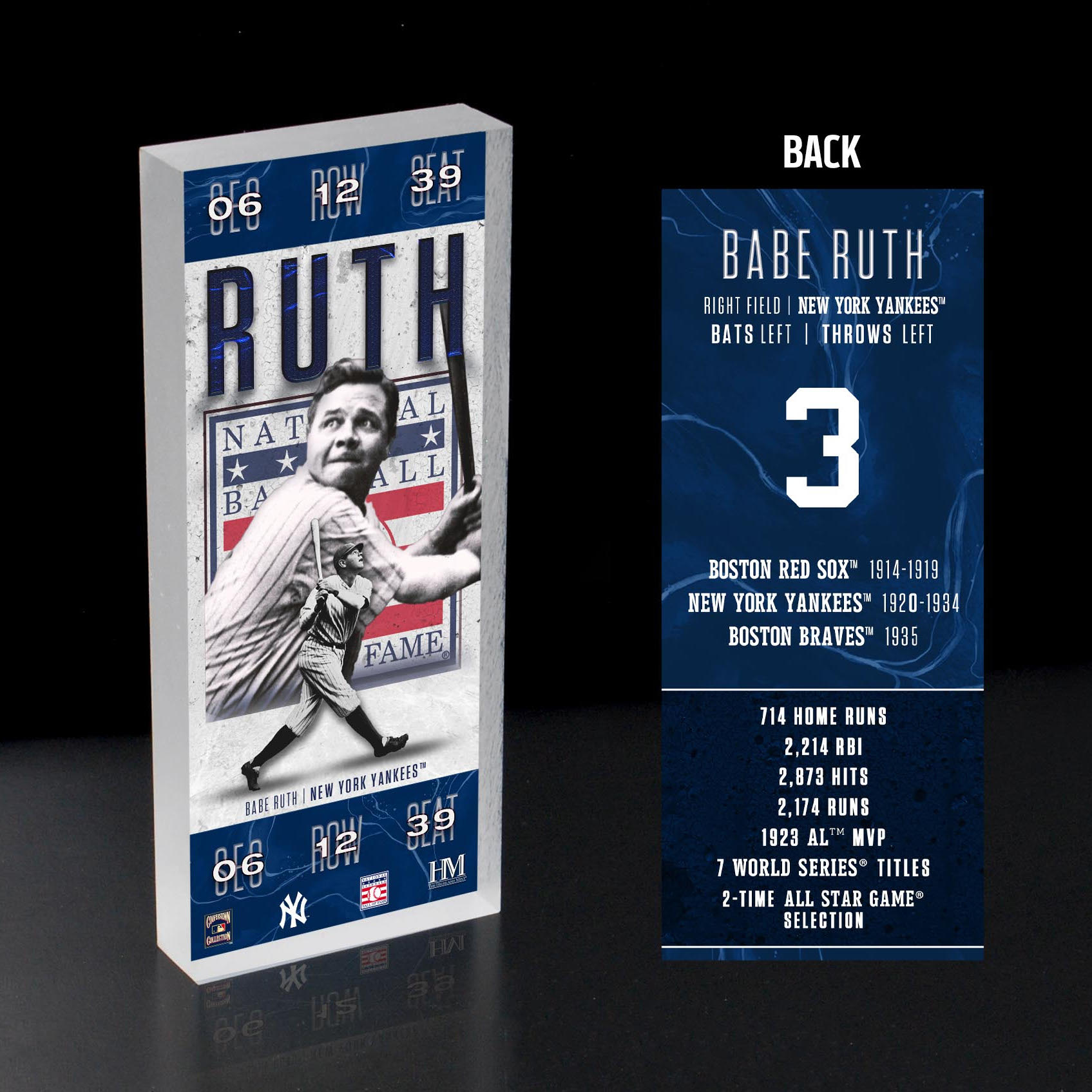 Babe Ruth New York Yankees 1936 Hall of Fame Induction 3D Acrylic Ticket Block