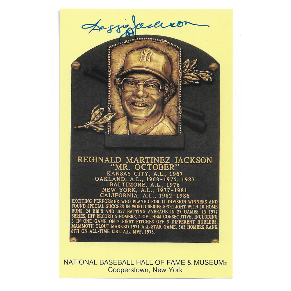 Reggie Jackson Autographed Hall of Fame Plaque Postcard (Beckett) Reggie Jackson Autographed Hall of Fame Plaque Postcard (Beckett)