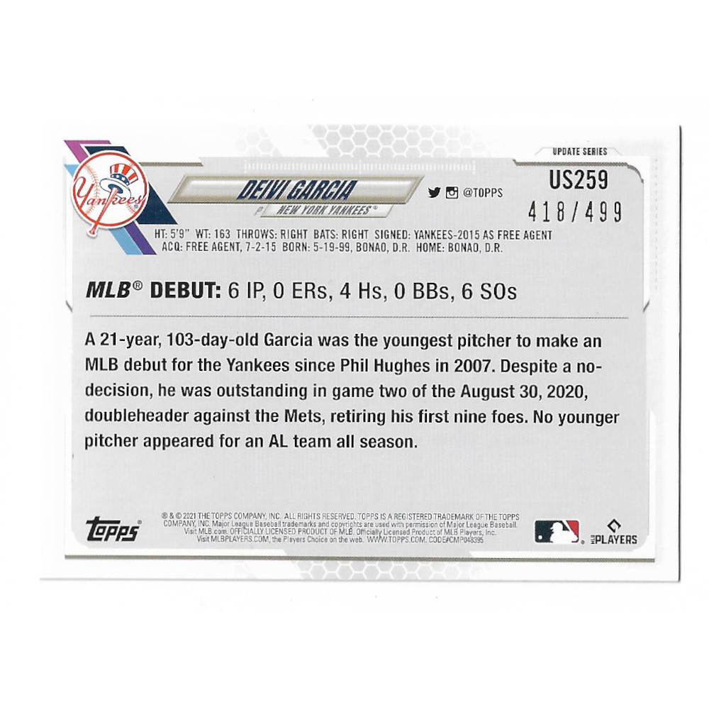 Deivi Garcia New York Yankees 2021 Topps Update Green # US259 Ltd Ed of 499 Deivi Garcia New York Yankees 2021 Topps Update Green # US259 Ltd Ed of 499