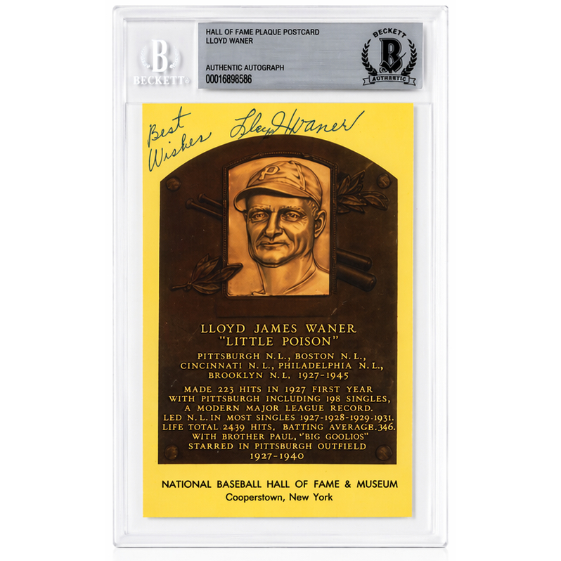 Lloyd Waner Autographed Hall of Fame Plaque Postcard (Beckett-86)
