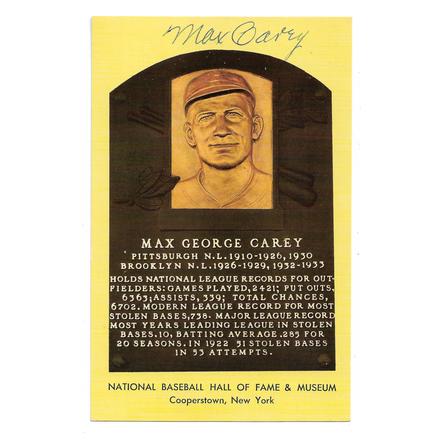 Max Carey Autographed Hall of Fame Plaque Postcard (JSA-39)