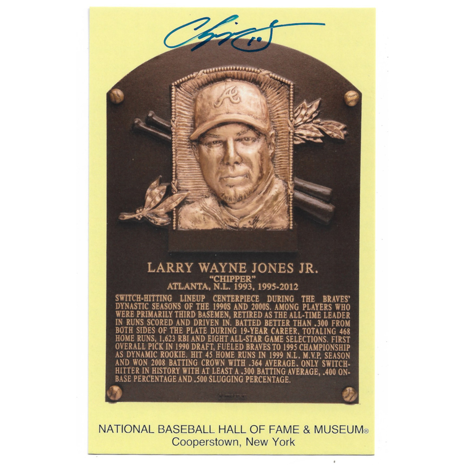 Chipper Jones Autographed Hall of Fame Plaque Postcard (Fanatics)