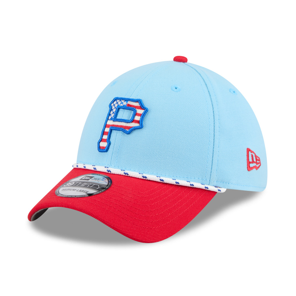 Men’s New Era Pittsburgh Pirates Light Blue and Red 2025 4th of July 39THIRTY Flex Fit Cap Men’s New Era Pittsburgh Pirates Light Blue and Red 2025 4th of July 39THIRTY Flex Fit Cap