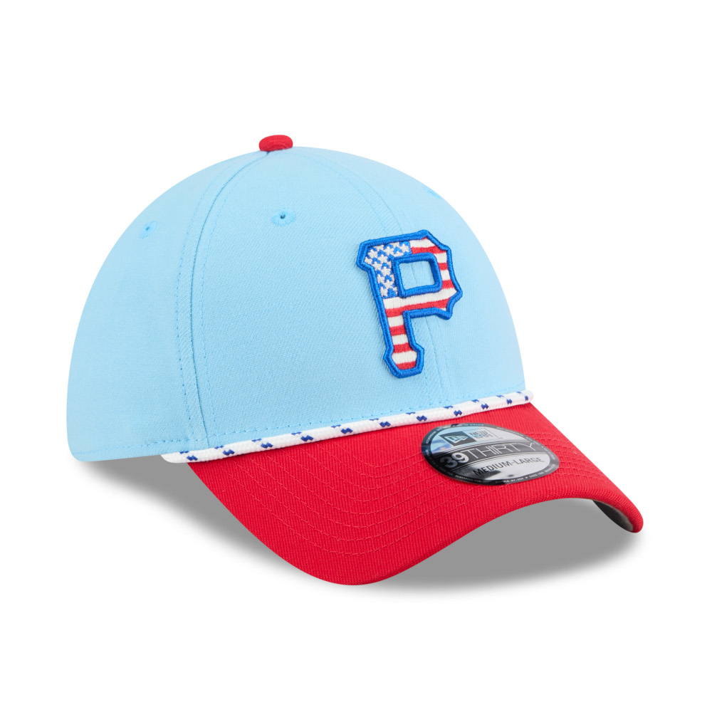 Men’s New Era Pittsburgh Pirates Light Blue and Red 2025 4th of July 39THIRTY Flex Fit Cap Men’s New Era Pittsburgh Pirates Light Blue and Red 2025 4th of July 39THIRTY Flex Fit Cap