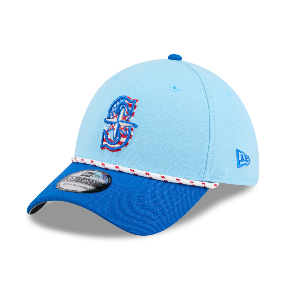 Men’s New Era Seattle Mariners Light Blue and Royal 2025 4th of July 39THIRTY Flex Fit Cap