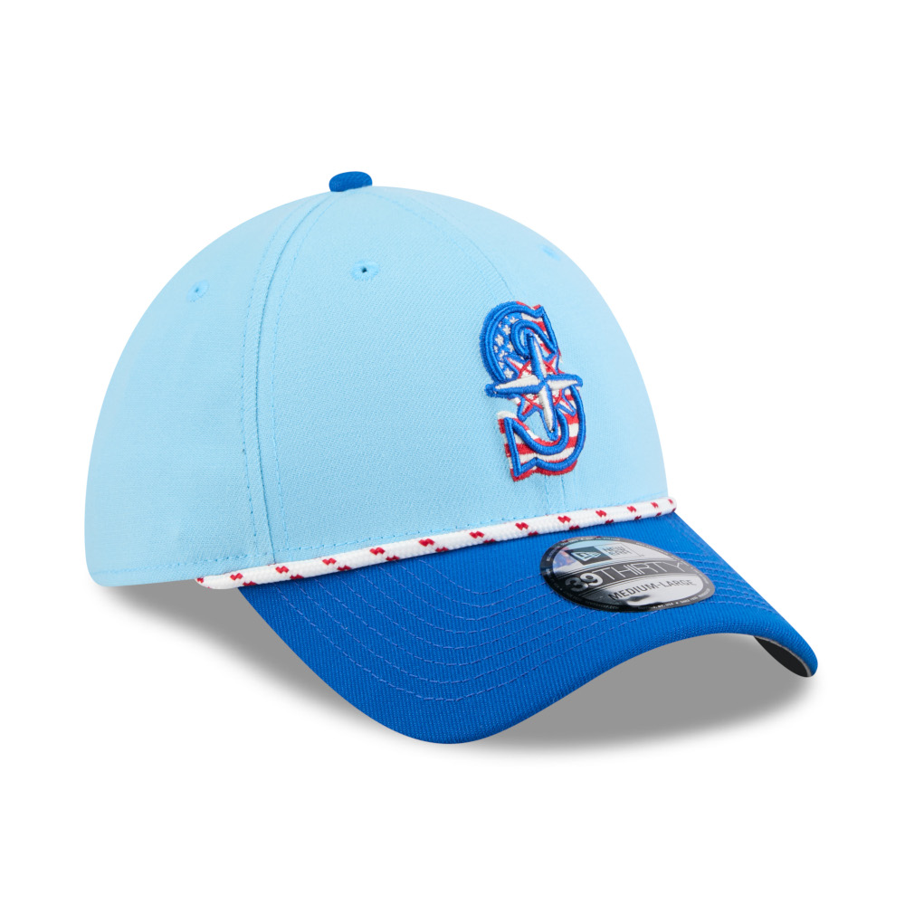 Men’s New Era Seattle Mariners Light Blue and Royal 2025 4th of July 39THIRTY Flex Fit Cap