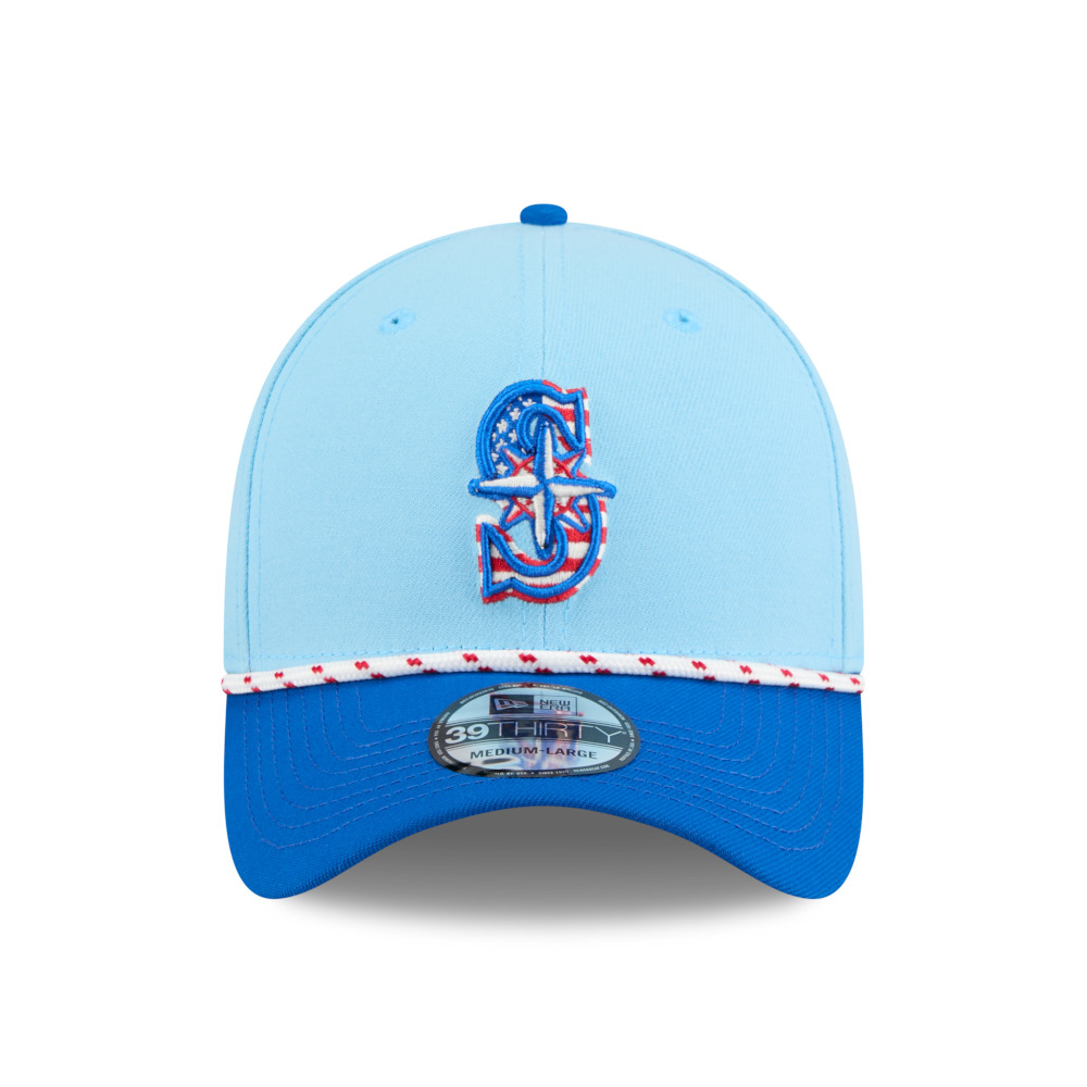 Men’s New Era Seattle Mariners Light Blue and Royal 2025 4th of July 39THIRTY Flex Fit Cap