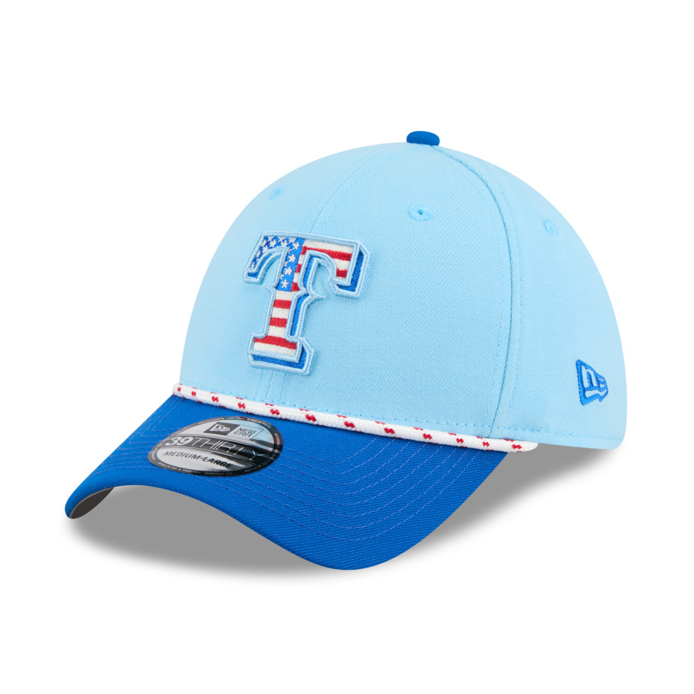 Men’s New Era Texas Rangers Light Blue and Royal 2025 4th of July 39THIRTY Flex Fit Cap Men’s New Era Texas Rangers Light Blue and Royal 2025 4th of July 39THIRTY Flex Fit Cap