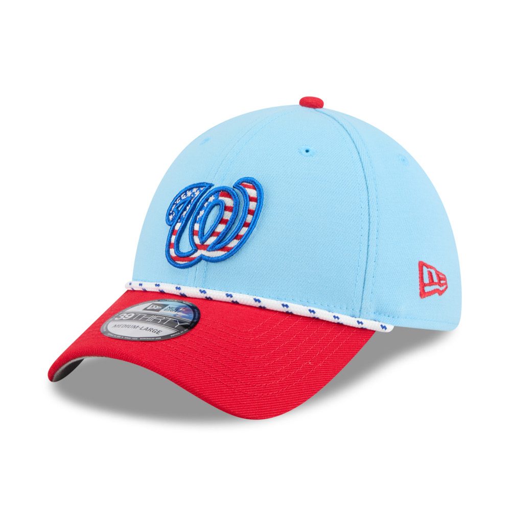 Men’s New Era Washington Nationals Light Blue and Red 2025 4th of July 39THIRTY Flex Fit Cap