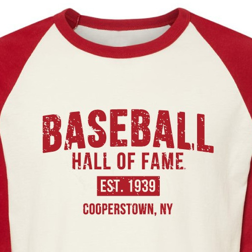 Men’s Baseball Hall of Fame ¾ Raglan Sleeve Off-White and Scarlet Baseball Shirt Men’s Baseball Hall of Fame ¾ Raglan Sleeve Off-White and Scarlet Baseball Shirt