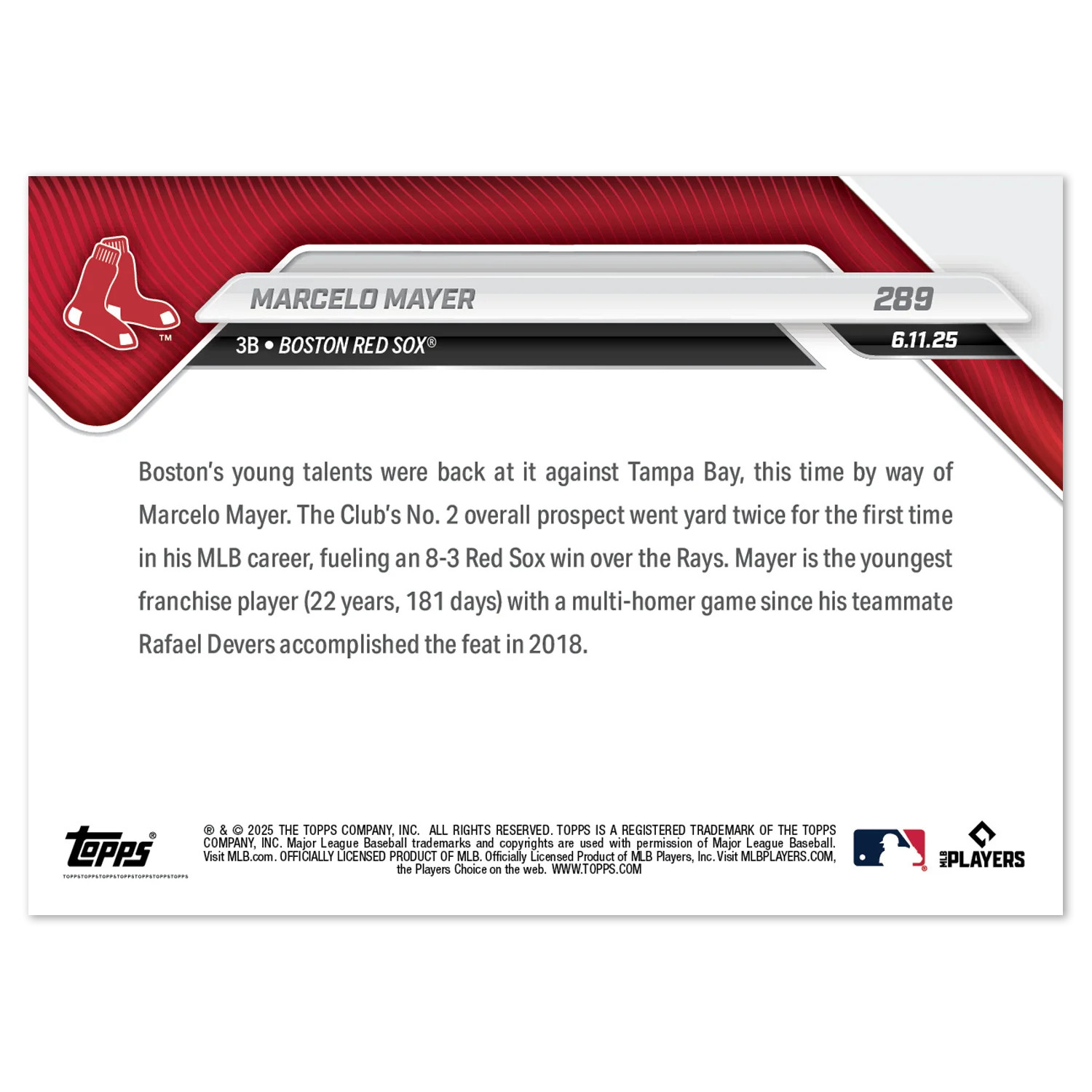 Marcelo Mayer Boston Red Sox 2025 Topps Now # 289 Rookie Card