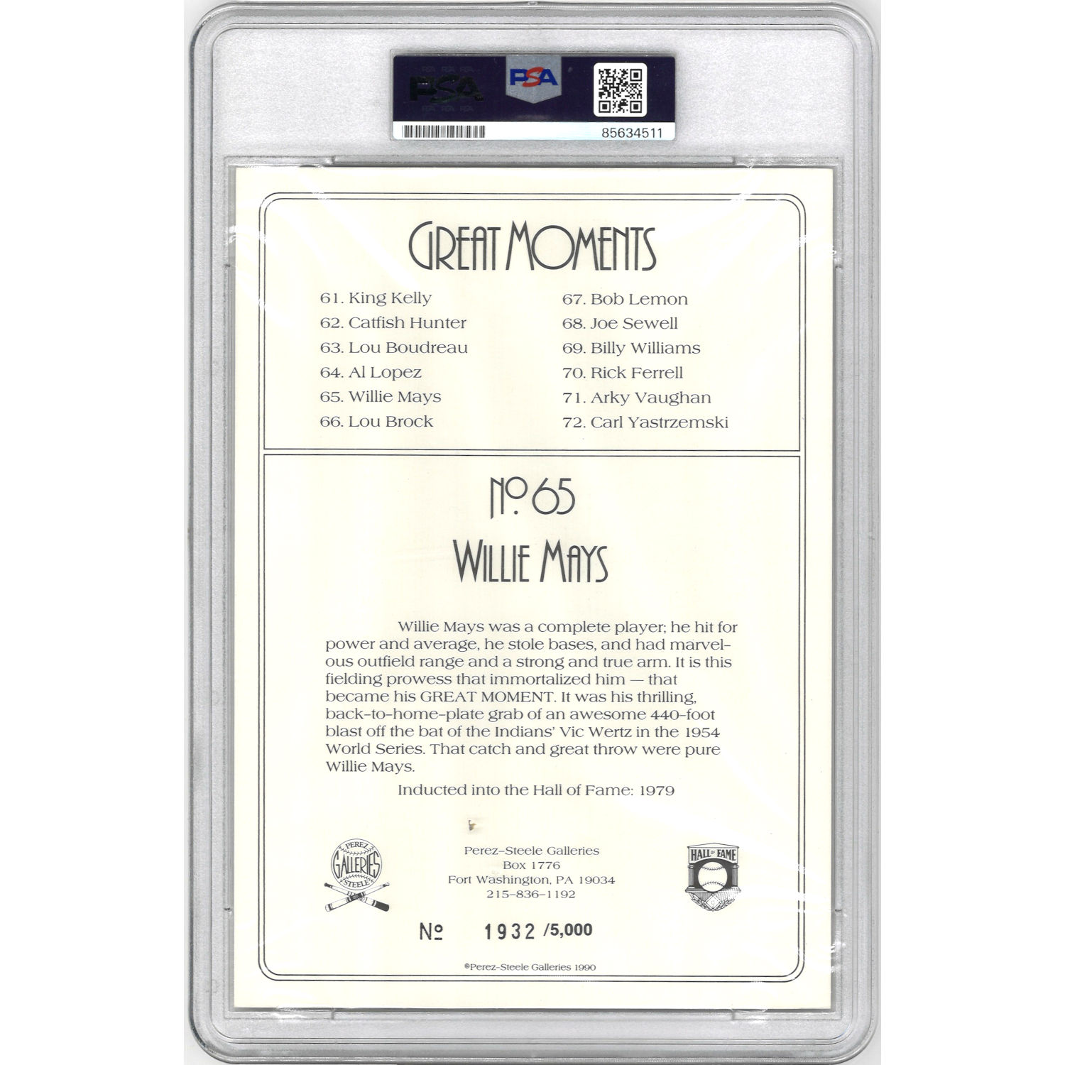 Willie Mays Autographed Perez-Steele Great Moments Jumbo Postcard # 65 (PSA-11)