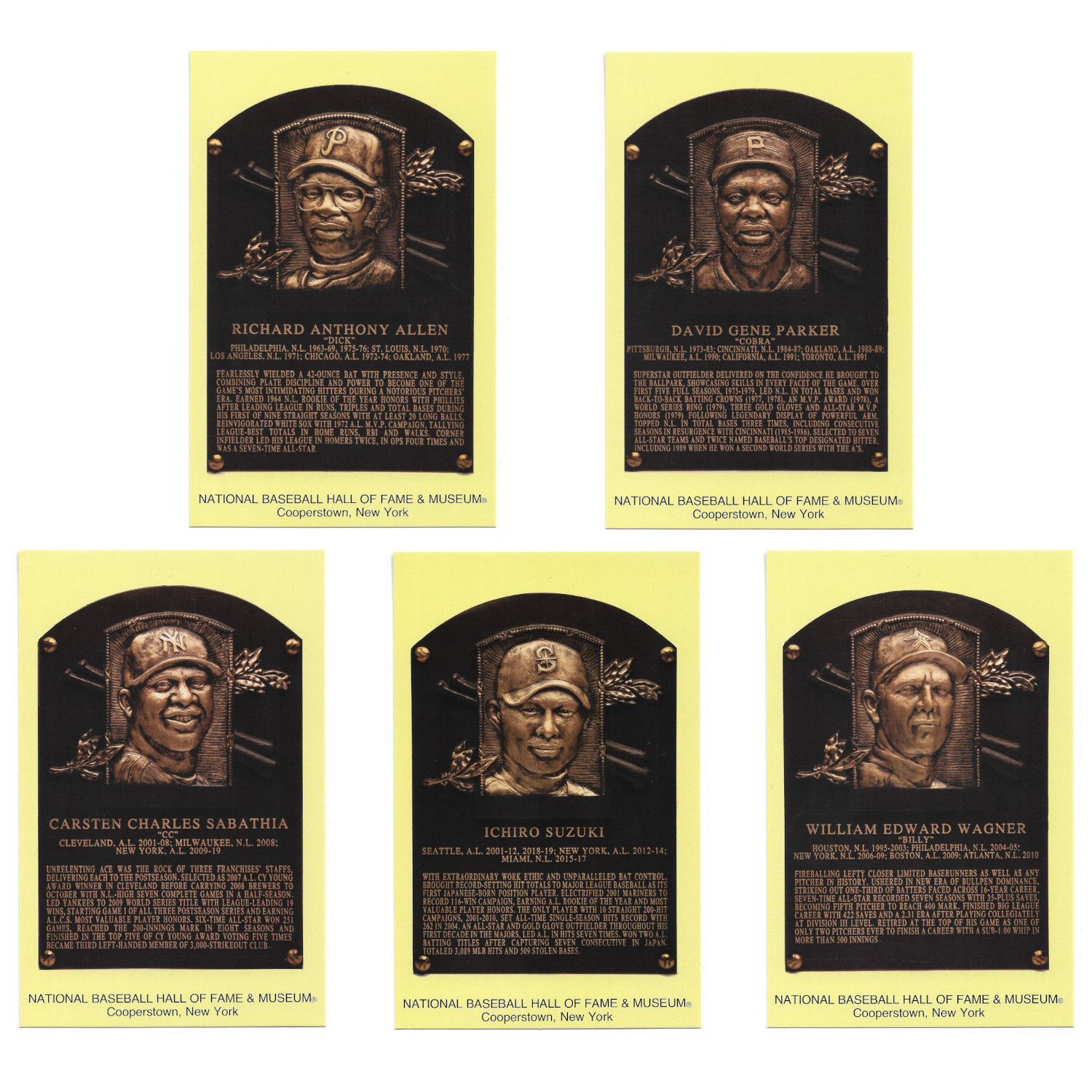 Class of 2025 Baseball Hall of Fame Plaque Postcard Set of 5 (Allen, Parker, Sabathia, Suzuki and Wagner)