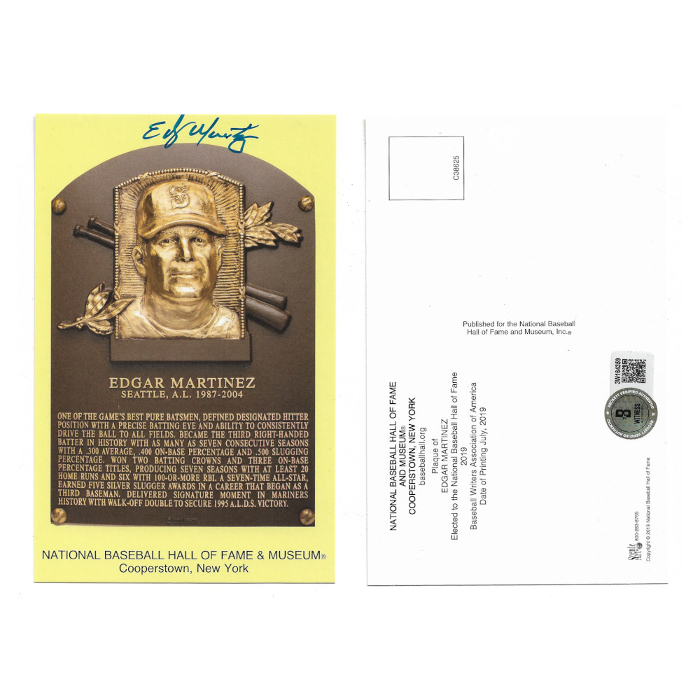 Edgar Martinez Autographed Hall of Fame Plaque Postcard (Beckett) Edgar Martinez Autographed Hall of Fame Plaque Postcard (Beckett)
