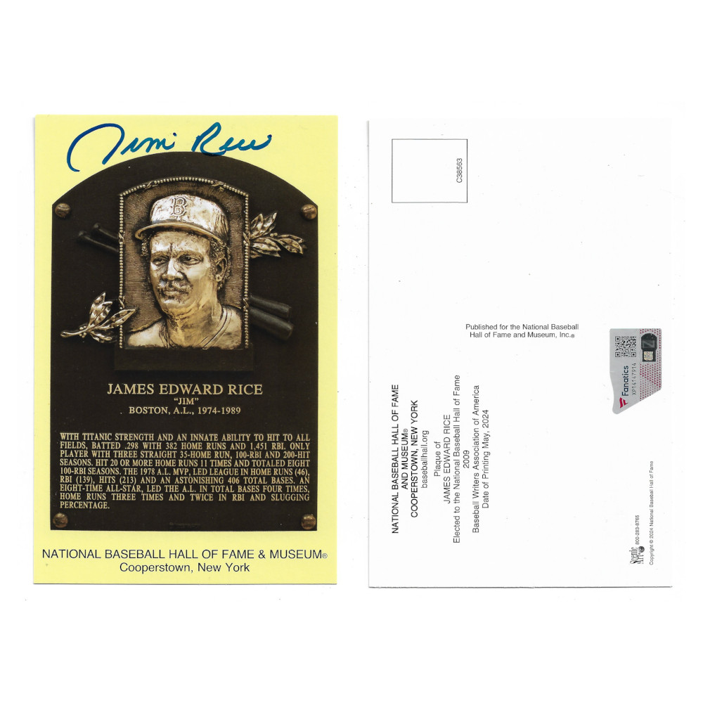Jim Rice Autographed Hall of Fame Plaque Postcard (Fanatics) Jim Rice Autographed Hall of Fame Plaque Postcard (Fanatics)