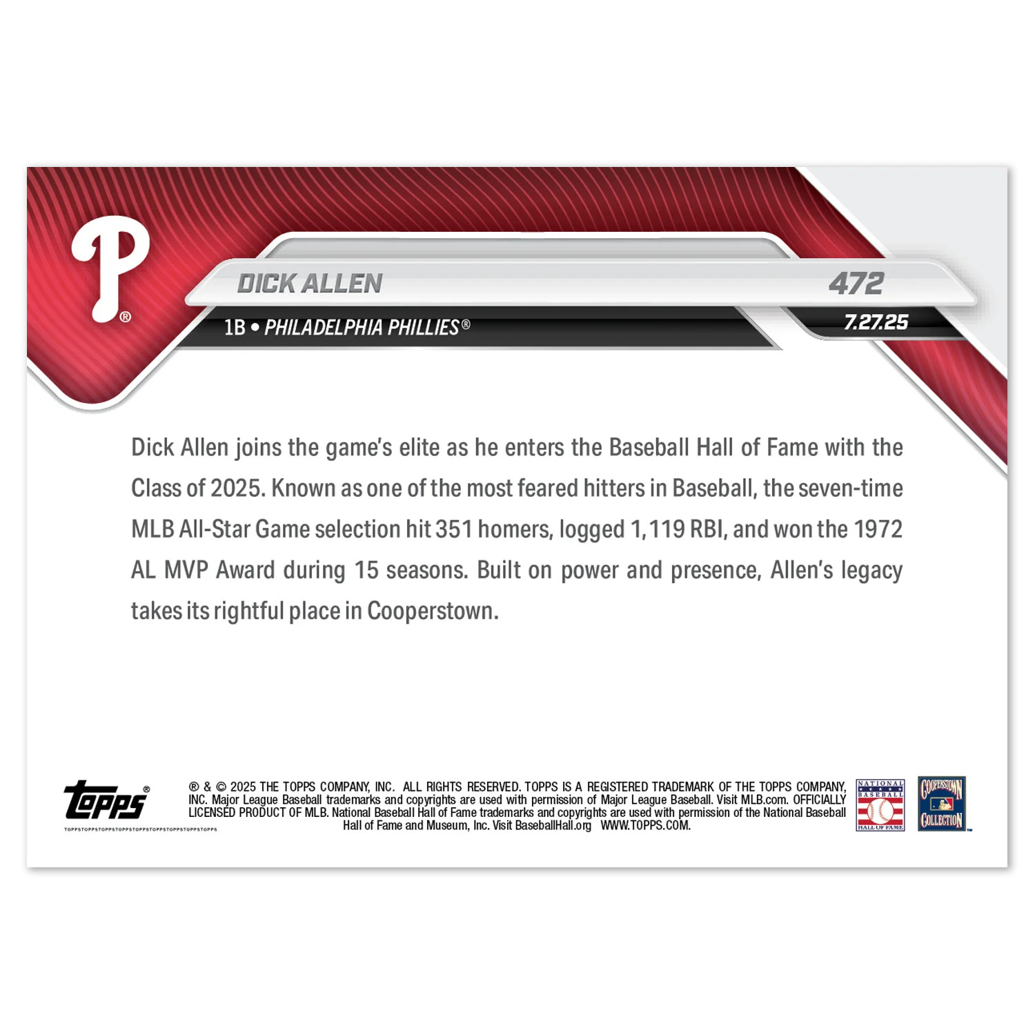 Dick Allen Hall of Fame Induction 2025 Topps Now Card # 472 Ltd Ed of 1,406