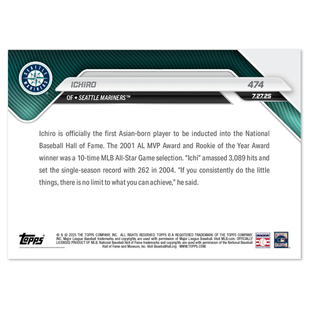 Ichiro Suzuki Hall of Fame Induction 2025 Topps Now Card # 474 Ltd Ichiro Suzuki Hall of Fame Induction 2025 Topps Now Card # 474 Ltd