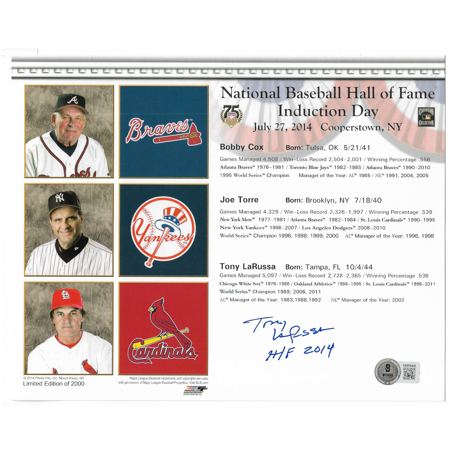 Tony La Russa Autographed 2014 Hall of Fame Induction 8x10 Photocard (Beckett) Tony La Russa Autographed 2014 Hall of Fame Induction 8x10 Photocard (Beckett)