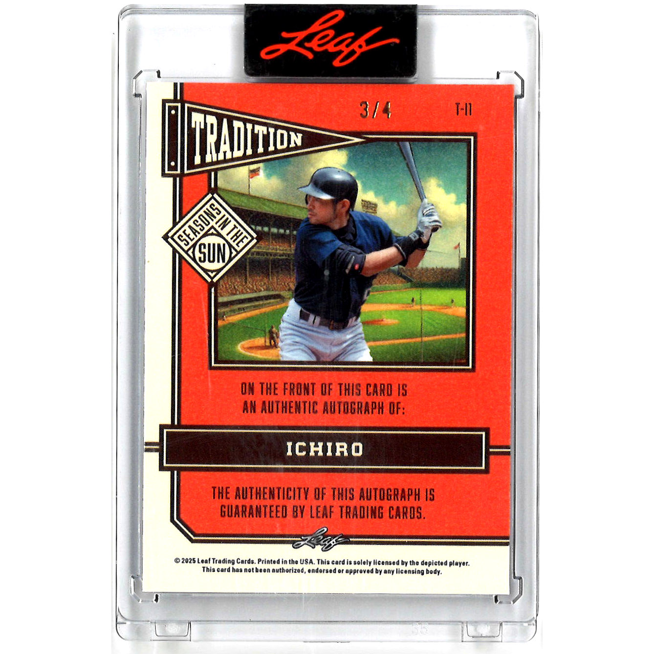 Ichiro Suzuki Autographed Card 2025 Leaf Season in the Sun Tradition Blue #T-II1 Ltd Ed of 4