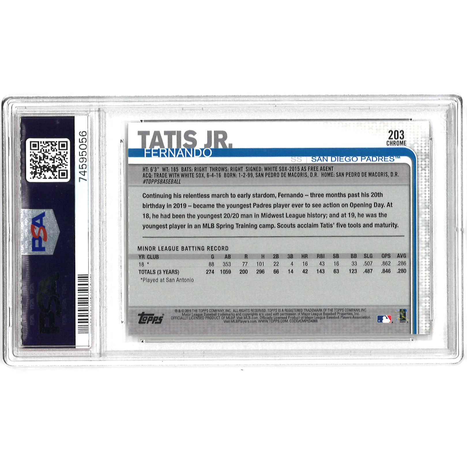 Fernando Tatis Jr. San Diego Padres 2019 Topps Chrome # 203 Rookie Card PSA 9