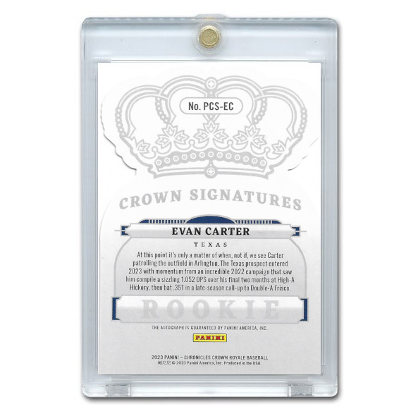 Evan Carter Autographed Card 2023 Contenders Crown Royale Prospect Crown Signature # PCS-EC Ltd Ed of 99 Evan Carter Autographed Card 2023 Contenders Crown Royale Prospect Crown Signature # PCS-EC Ltd Ed of 99