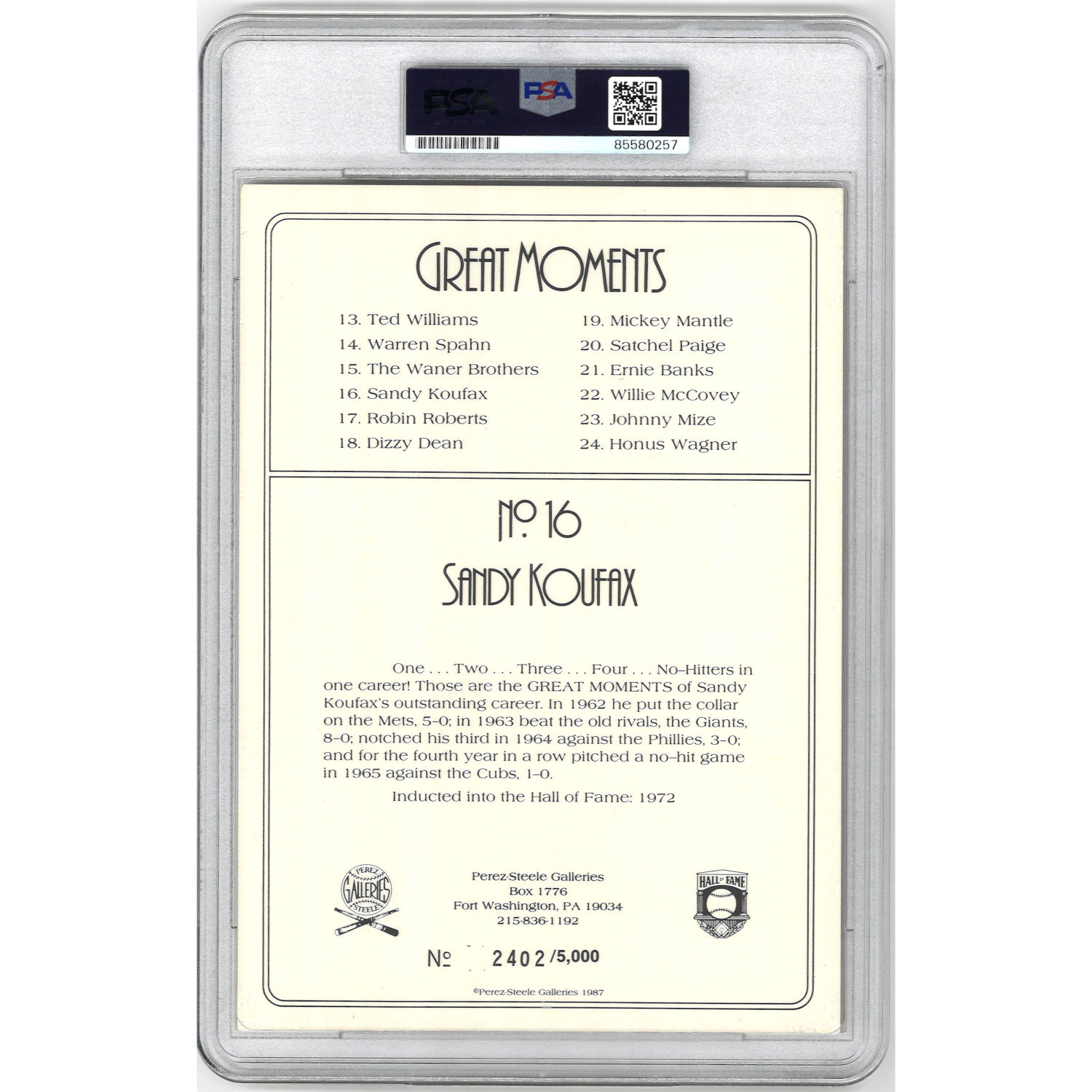 Sandy Koufax Autographed Perez-Steele Great Moments Jumbo Postcard # 16 (PSA-57)