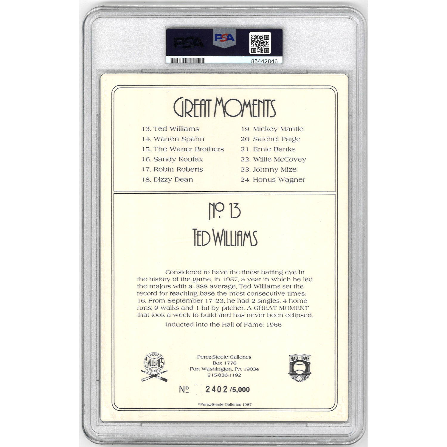 Ted Williams Autographed Perez-Steele Great Moments Jumbo Postcard # 13 (PSA-46) Ted Williams Autographed Perez-Steele Great Moments Jumbo Postcard # 13 (PSA-46)