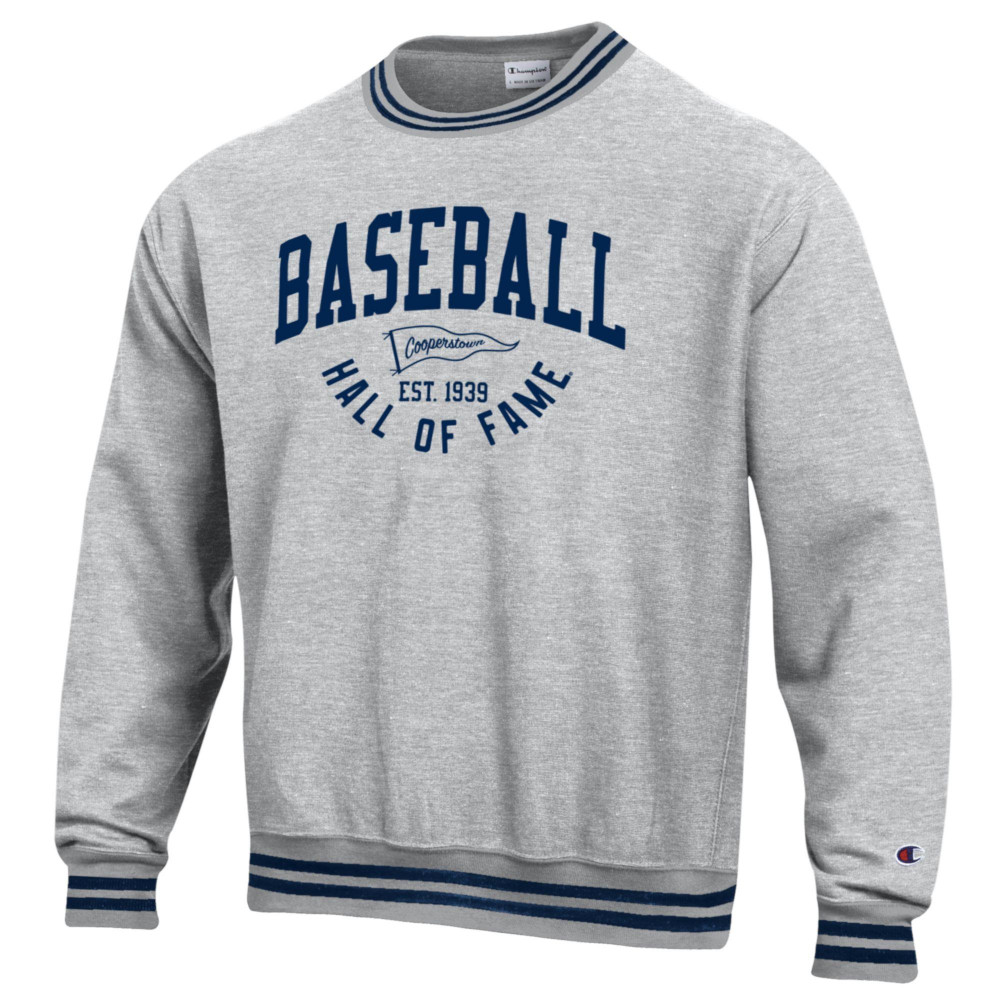 Men’s Champion Baseball Hall of Fame Pennant Silver Reverse Weave Navy Stripe Trim Crewneck Sweatshirt Men’s Champion Baseball Hall of Fame Pennant Silver Reverse Weave Navy Stripe Trim Crewneck Sweatshirt