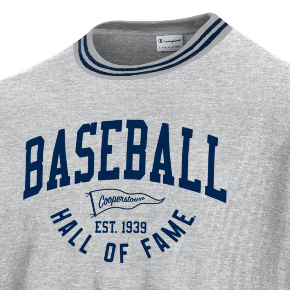 Men’s Champion Baseball Hall of Fame Pennant Silver Reverse Weave Navy Stripe Trim Crewneck Sweatshirt Men’s Champion Baseball Hall of Fame Pennant Silver Reverse Weave Navy Stripe Trim Crewneck Sweatshirt