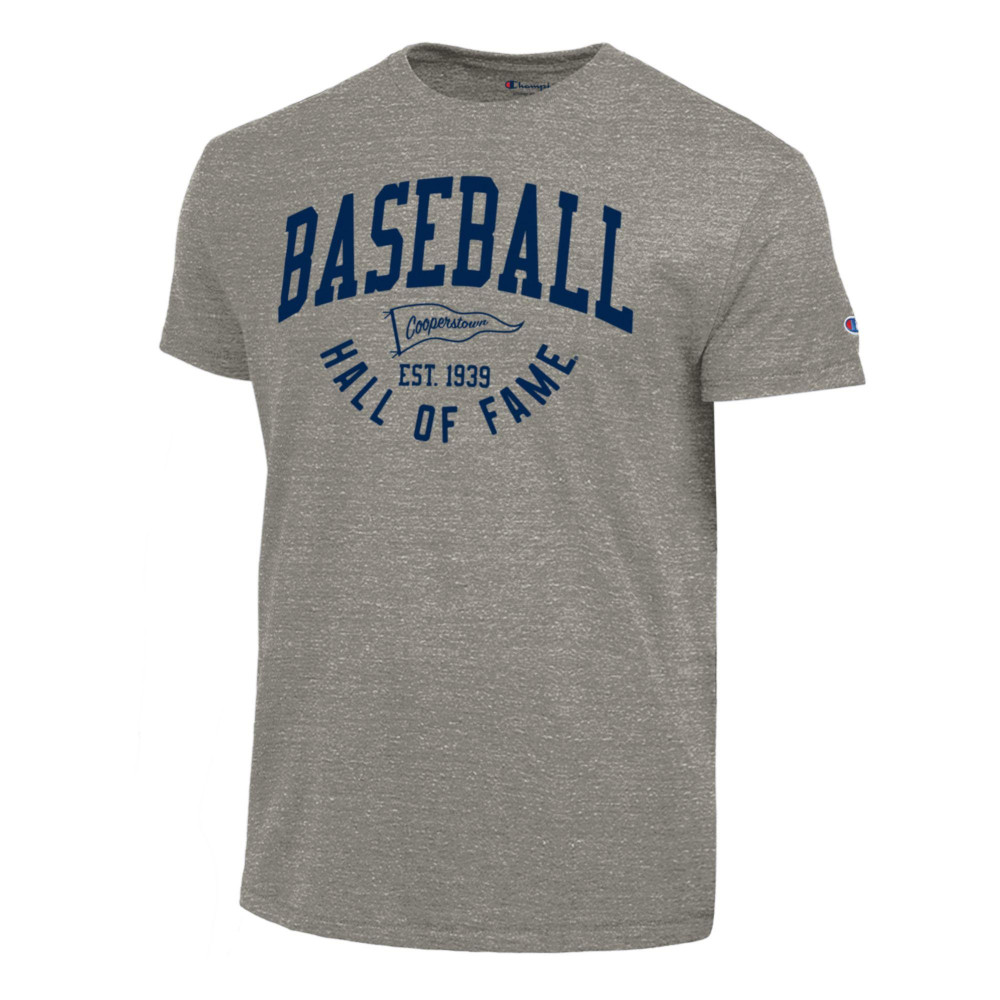 Men’s Champion Baseball Hall of Fame Pennant Heather Grey Tri-Blend T-Shirt