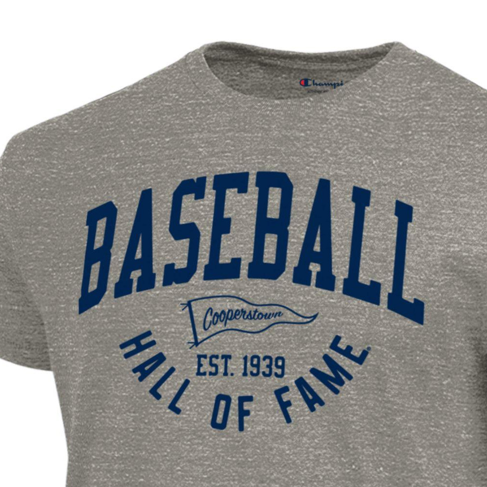 Men’s Champion Baseball Hall of Fame Pennant Heather Grey Tri-Blend T-Shirt