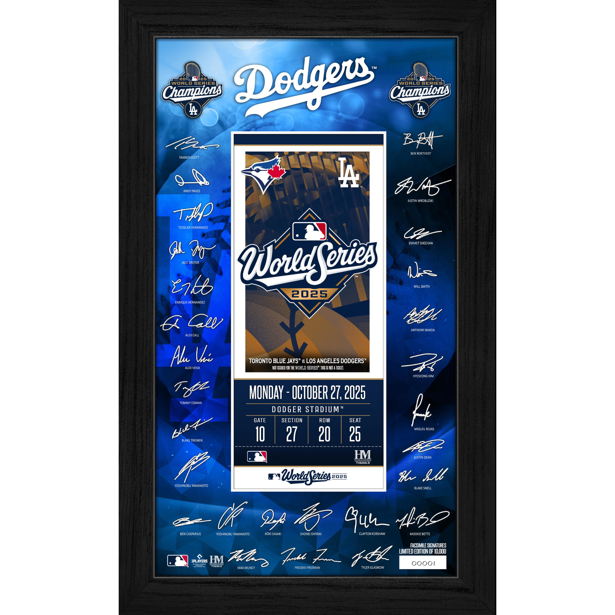 Los Angeles Dodgers 2025 World Series Champions Signature Ticket 18" x 12" Framed Print