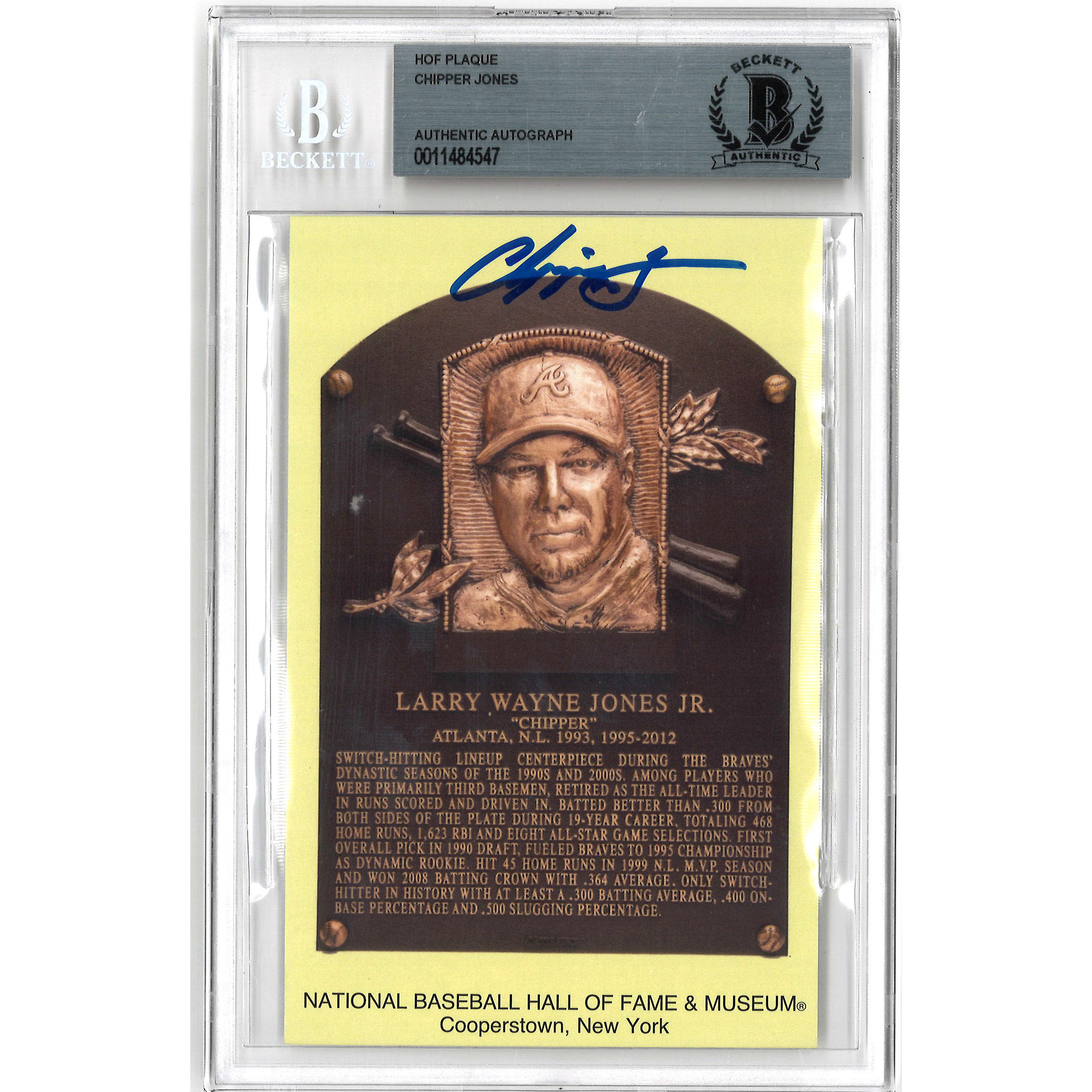 Chipper Jones Autographed Hall of Fame Plaque Postcard (Beckett-47)