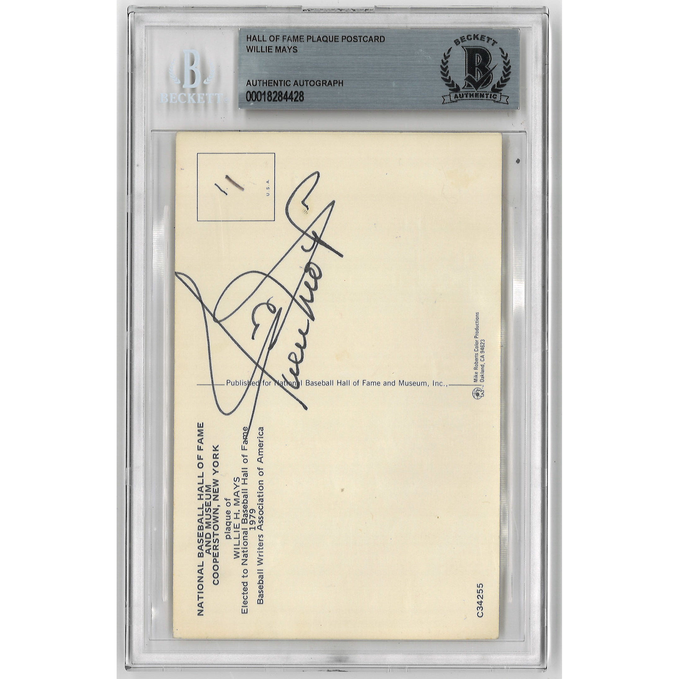 Willie Mays Autographed Hall of Fame Plaque Postcard - Signed on Back (Beckett-28)