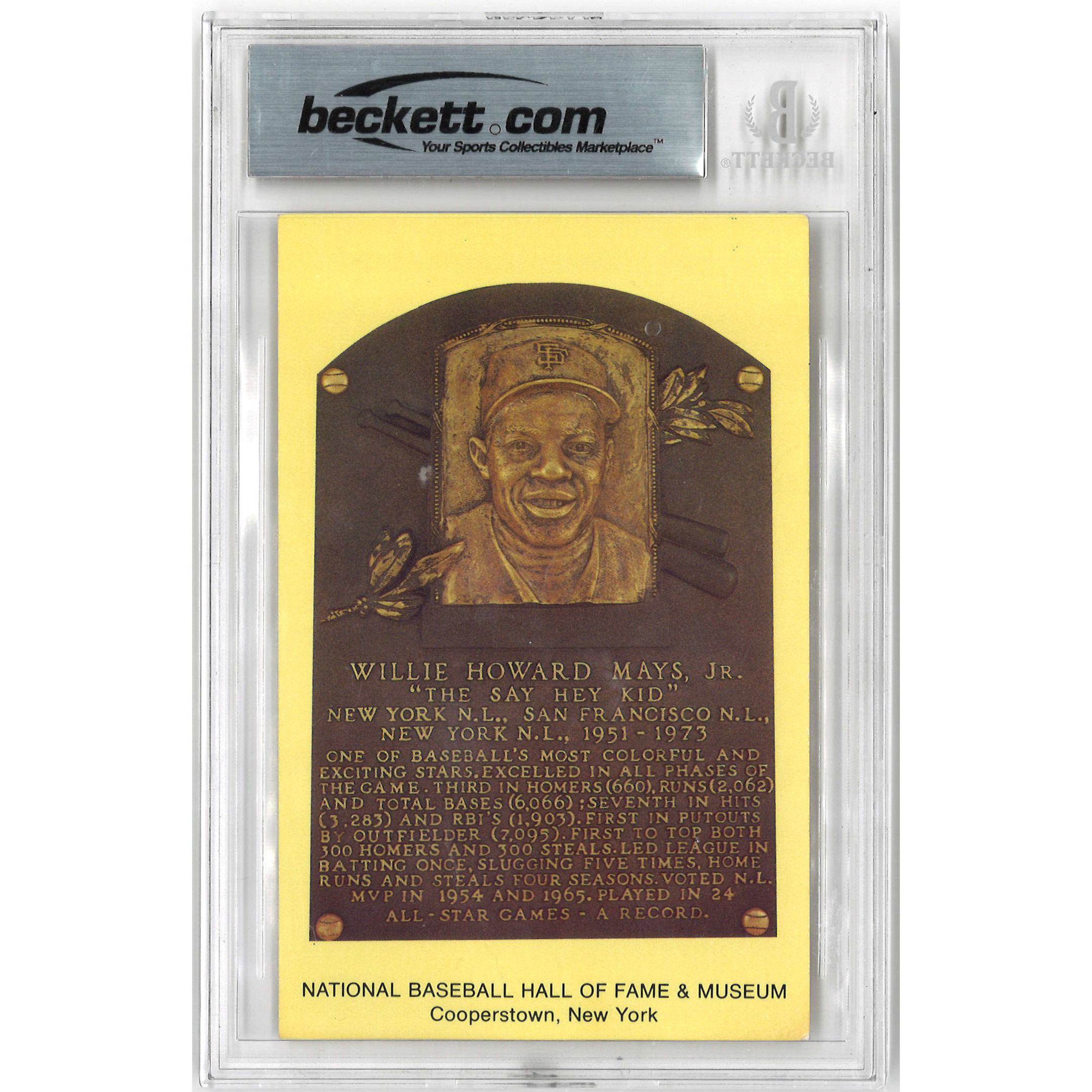 Willie Mays Autographed Hall of Fame Plaque Postcard - Signed on Back (Beckett-28)