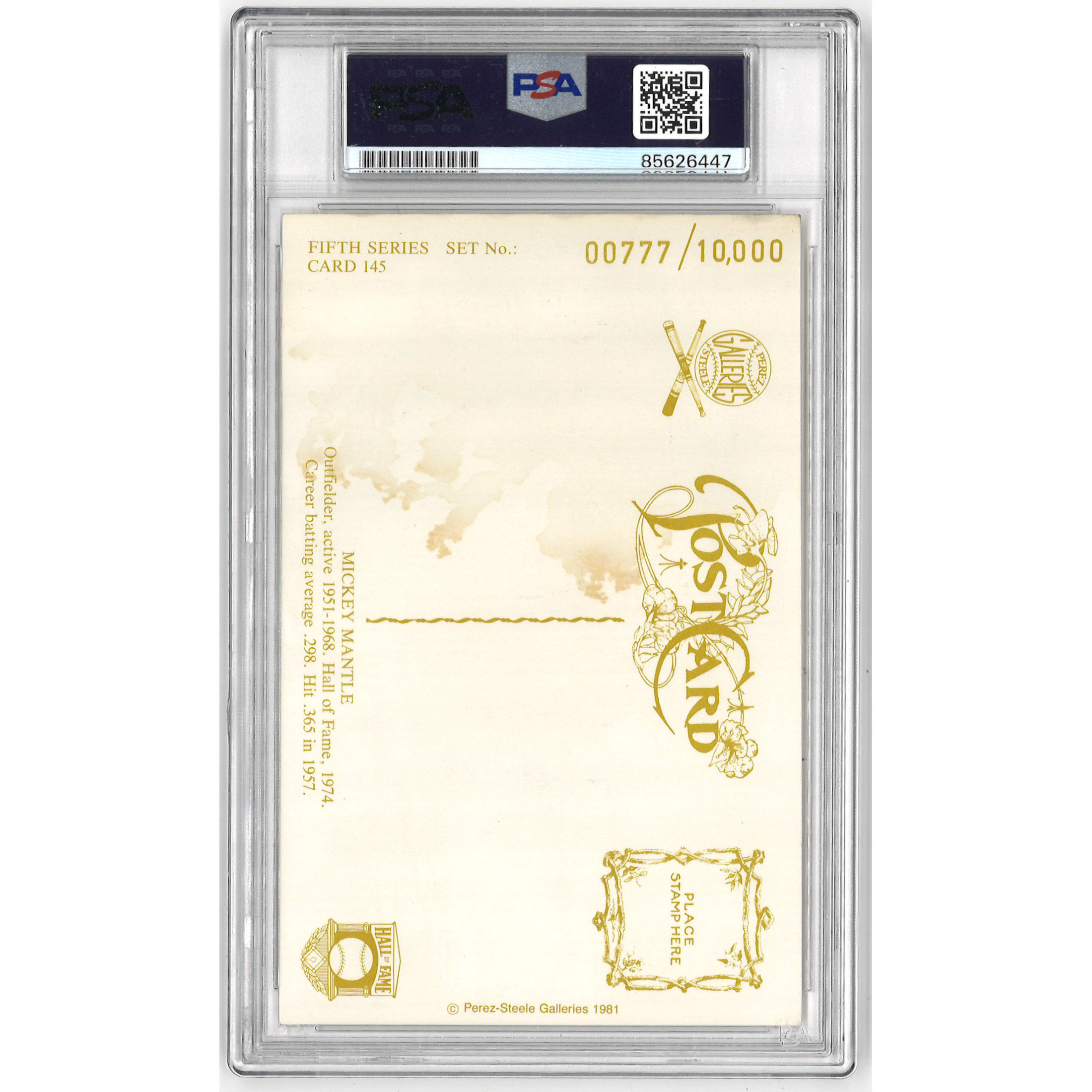 Mickey Mantle Autographed Perez-Steele HOF Series Postcard # 145 (PSA-47)