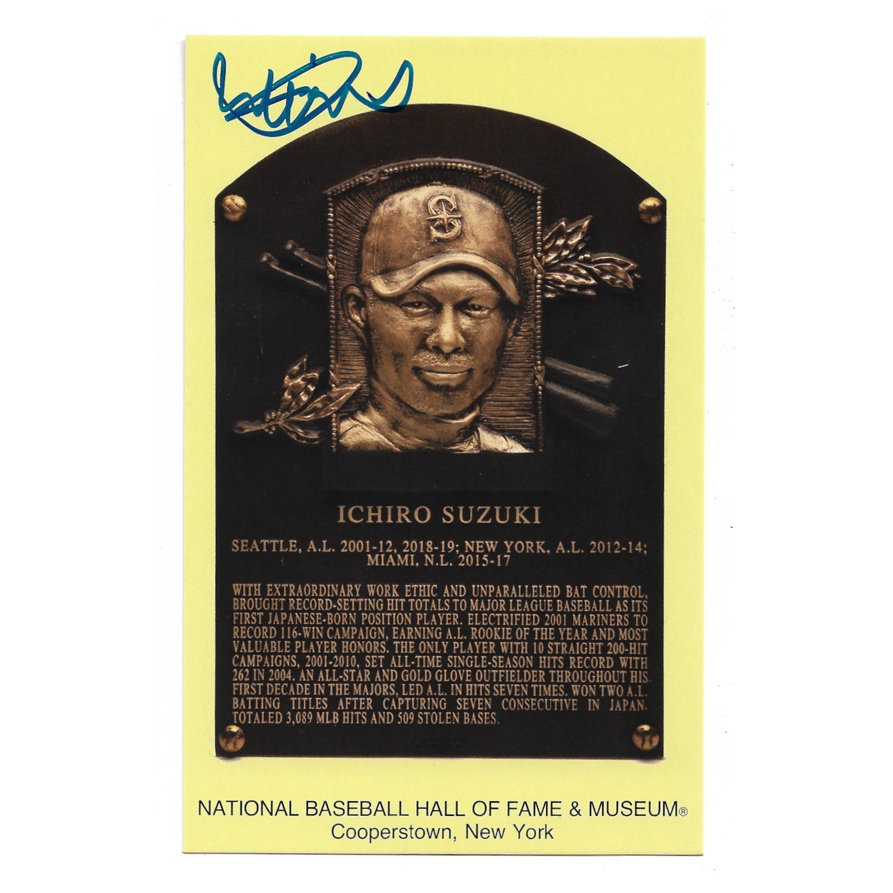 Ichiro Suzuki Autographed Hall of Fame Plaque Postcard - English (HOF)